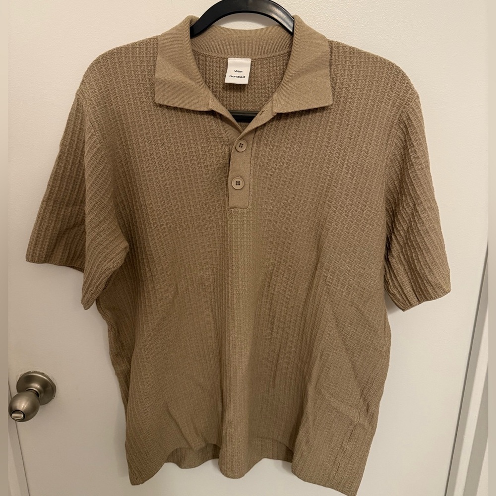 Won Hundred Eddie SS Waffle Knit Polo — Size Small (Oversized Fit) — Sand/Camel